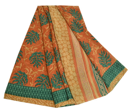 Sanskriti Vintage Sarees Peach/Green Pure Crepe Silk Printed Sari Craft Sustainable Fabric