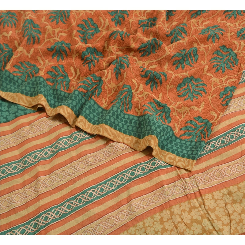 Sanskriti Vintage Sarees Peach/Green Pure Crepe Silk Printed Sari Craft Sustainable Fabric