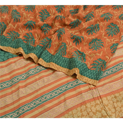Sanskriti Vintage Sarees Peach/Green Pure Crepe Silk Printed Sari Craft Sustainable Fabric
