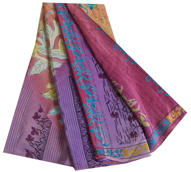Sanskriti Vintage Sarees Indian Multi Pure Crepe Silk Printed Sari Craft Sustainable Fabric