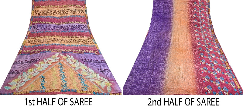 Sanskriti Vintage Sarees Indian Multi Pure Crepe Silk Printed Sari Craft Sustainable Fabric