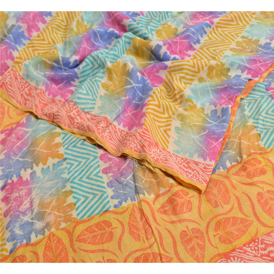 Sanskriti Vintage Sarees Yellow/Orange Pure Crepe Silk Printed Sari Craft Fabric