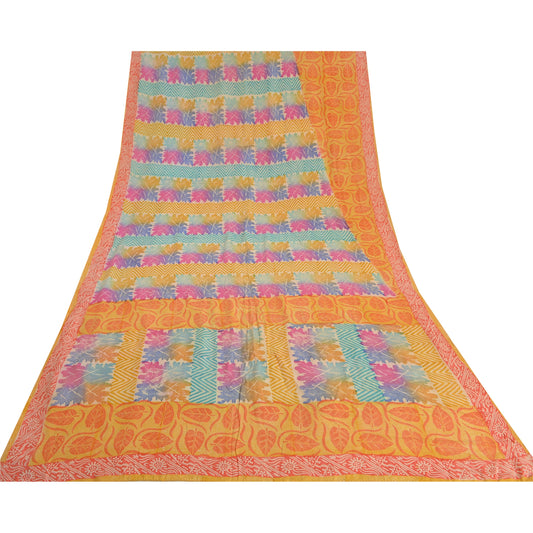 Sanskriti Vintage Sarees Yellow/Orange Pure Crepe Silk Printed Sari Craft Sustainable Fabric