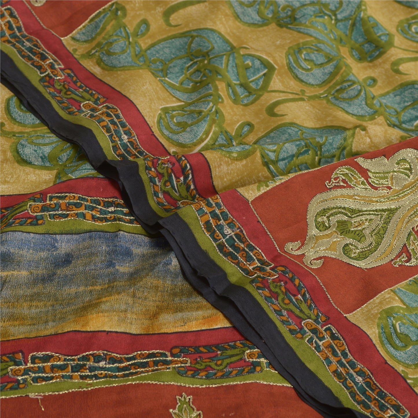 Санскритские винтажные сари зеленое вышитое чистое креповое шелковое сари с принтом из экологически чистой ткани