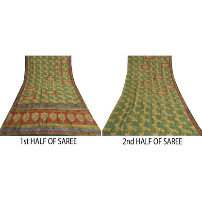 Санскритские винтажные сари зеленое вышитое чистое креповое шелковое сари с принтом из экологически чистой ткани