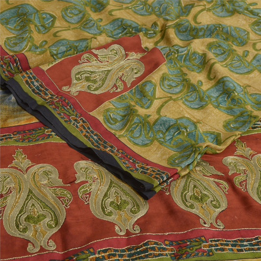 Sanskriti Vintage Sarees Green Embroidered Pure Crepe Silk Printed Sari Sustainable Fabric