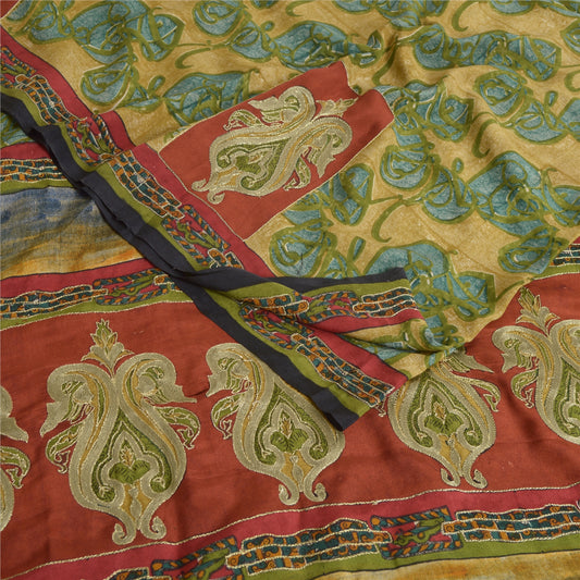 Sanskriti Vintage Sarees Green Embroidered Pure Crepe Silk Printed Sari Sustainable Fabric