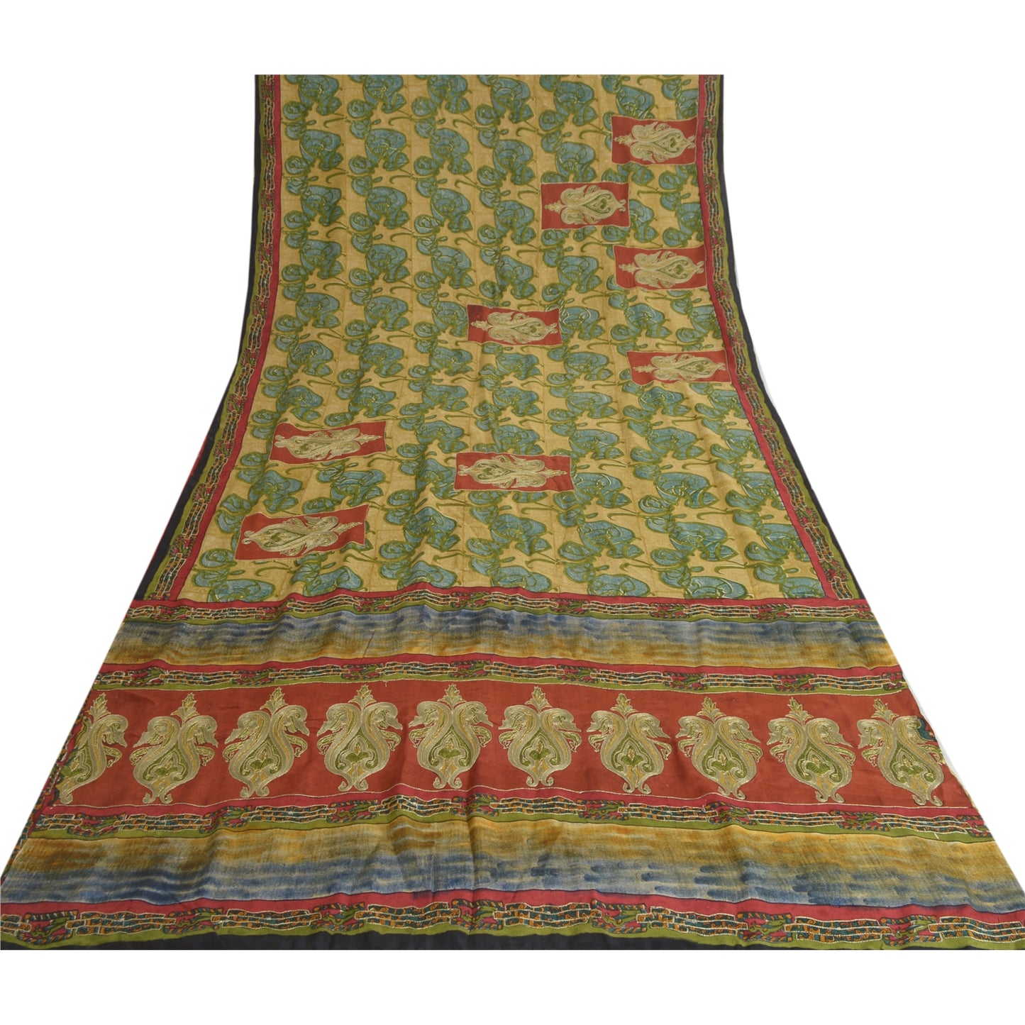 Санскритские винтажные сари зеленое вышитое чистое креповое шелковое сари с принтом из экологически чистой ткани