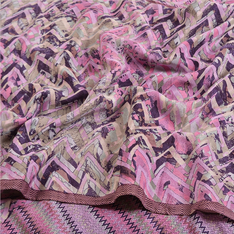 Sanskriti Vintage Sarees Pink/Purple Pure Crepe Silk Printed Sari Craft Sustainable Fabric