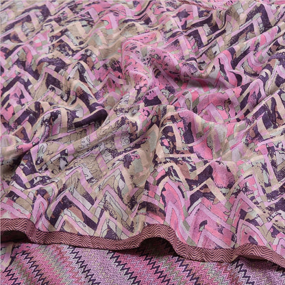 Sanskriti Vintage Sarees Pink/Purple Pure Crepe Silk Printed Sari Craft Sustainable Fabric