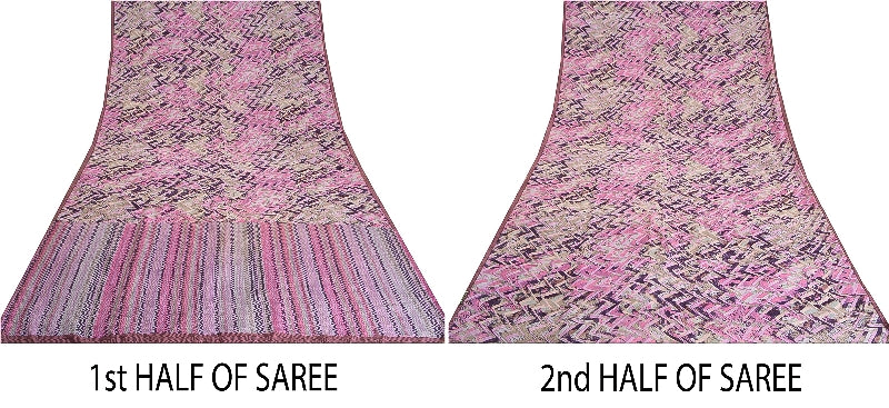 Sanskriti Vintage Sarees Pink/Purple Pure Crepe Silk Printed Sari Craft Sustainable Fabric