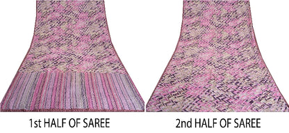 Sanskriti Vintage Sarees Pink/Purple Pure Crepe Silk Printed Sari Craft Sustainable Fabric