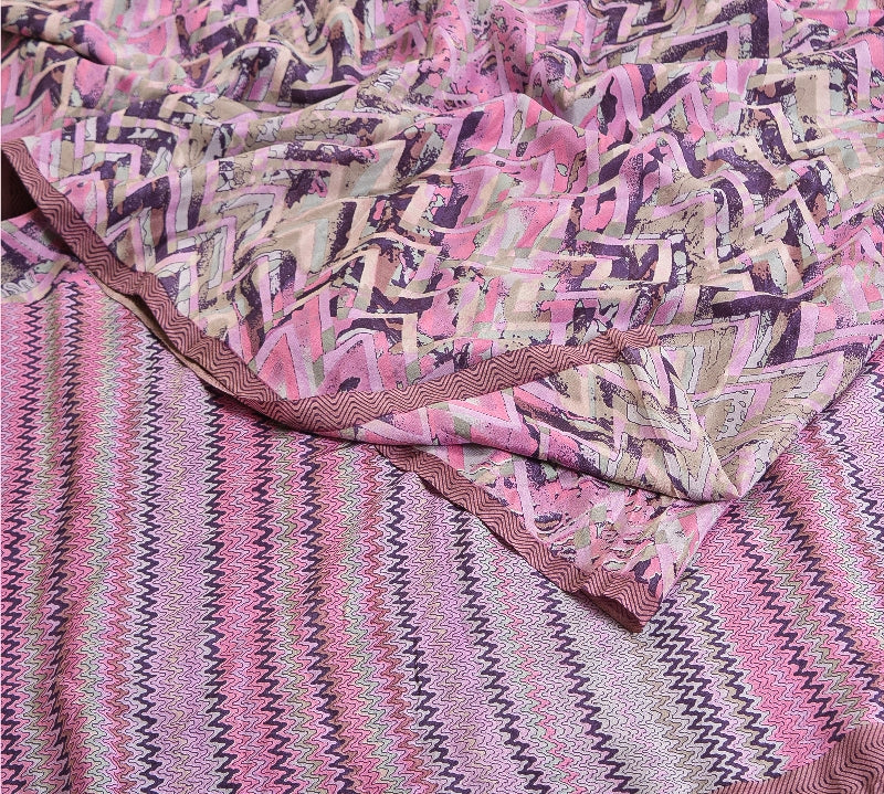 Sanskriti Vintage Sarees Pink/Purple Pure Crepe Silk Printed Sari Craft Sustainable Fabric