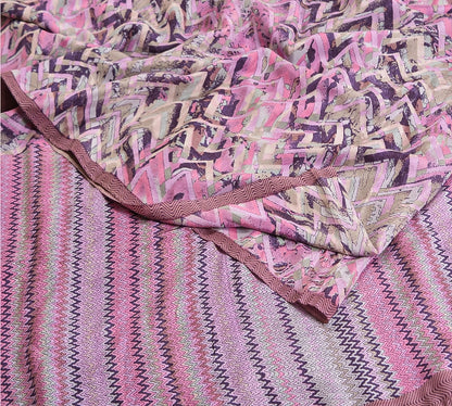 Sanskriti Vintage Sarees Pink/Purple Pure Crepe Silk Printed Sari Craft Sustainable Fabric