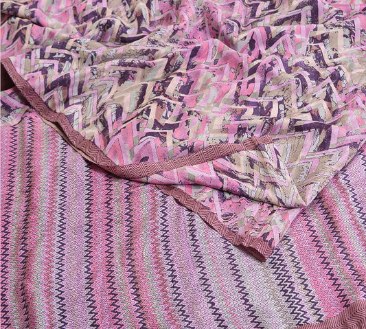 Sanskriti Vintage Sarees Pink/Purple Pure Crepe Silk Printed Sari Craft Sustainable Fabric