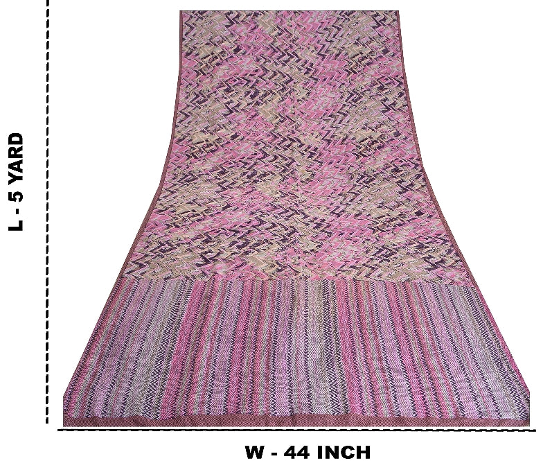 Sanskriti Vintage Sarees Pink/Purple Pure Crepe Silk Printed Sari Craft Sustainable Fabric