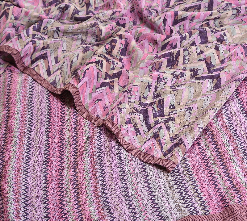 Sanskriti Vintage Sarees Pink/Purple Pure Crepe Silk Printed Sari Craft Sustainable Fabric
