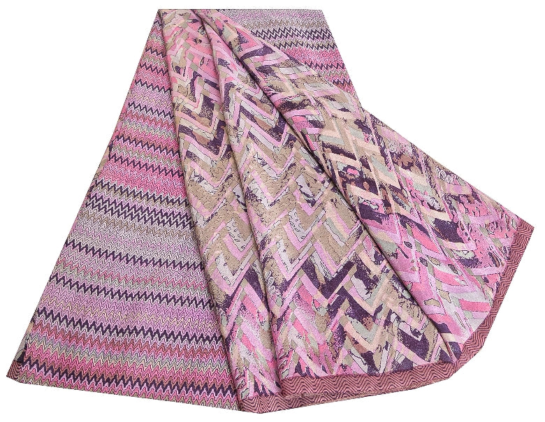Sanskriti Vintage Sarees Pink/Purple Pure Crepe Silk Printed Sari Craft Sustainable Fabric