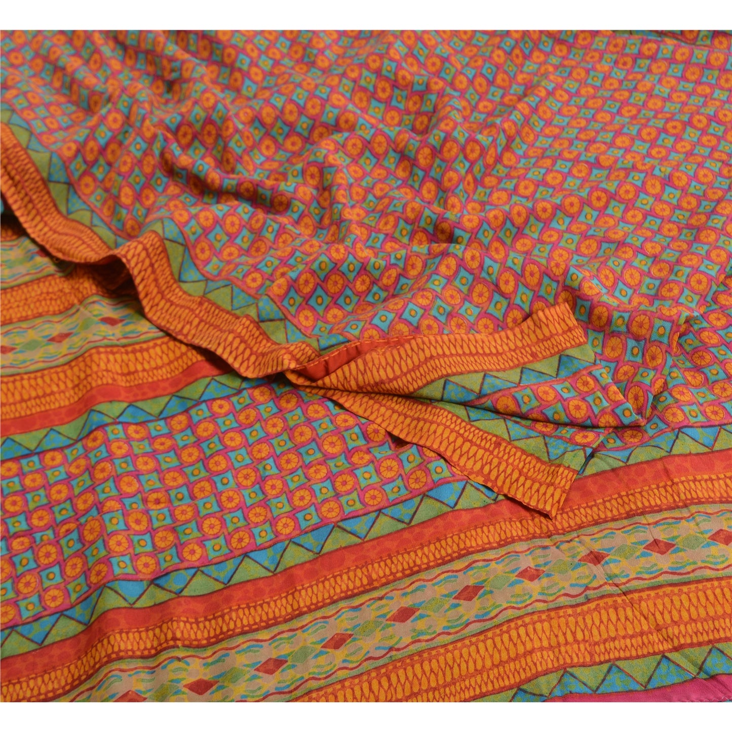 Sanskriti Vintage Sarees Indian Pink Pure Crepe Silk Printed Sari Craft Sustainable Fabric