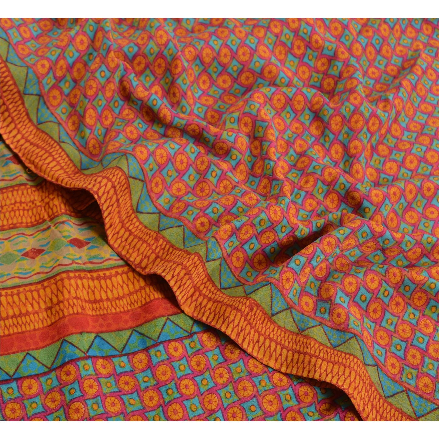 Sanskriti Vintage Sarees Indian Pink Pure Crepe Silk Printed Sari Craft Sustainable Fabric