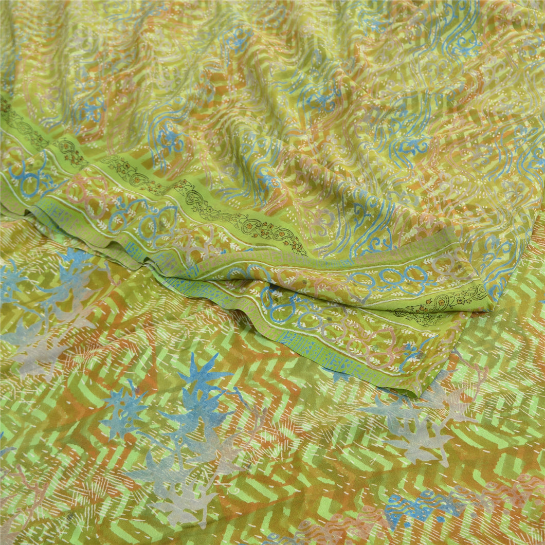 Sanskriti Vintage Green Indian Sarees Pure Crepe Silk Printed Sari Craft Fabric