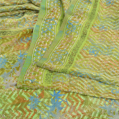Sanskriti Vintage Green Indian Sarees Pure Crepe Silk Printed Sari Craft Sustainable Fabric