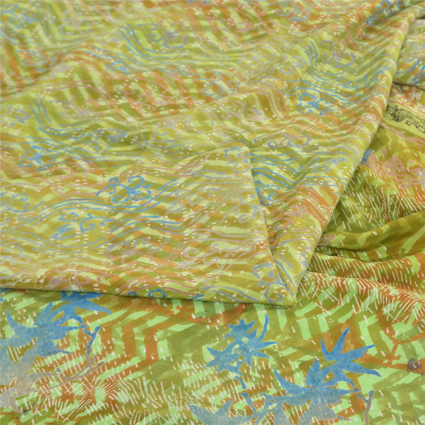 Sanskriti Vintage Green Indian Sarees Pure Crepe Silk Printed Sari Craft Sustainable Fabric
