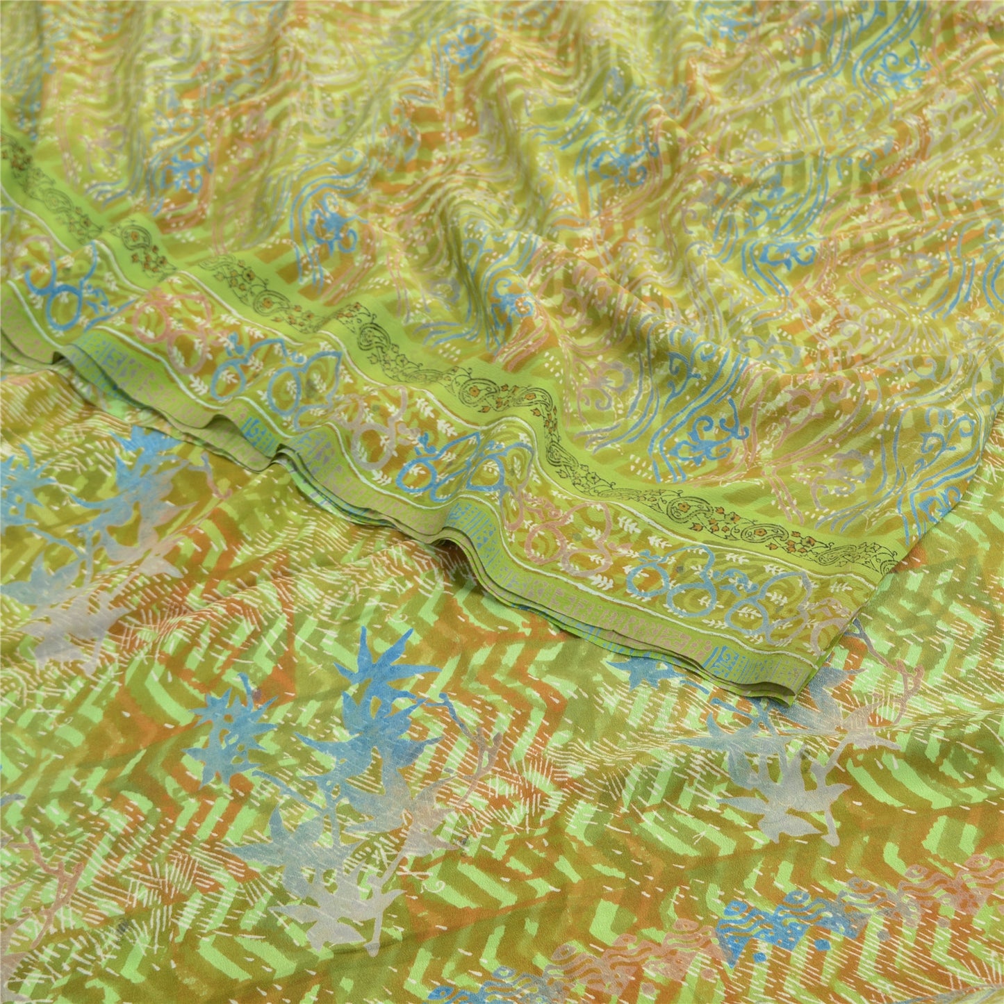 Sanskriti Vintage Green Indian Sarees Pure Crepe Silk Printed Sari Craft Sustainable Fabric