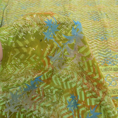 Sanskriti Vintage Green Indian Sarees Pure Crepe Silk Printed Sari Craft Sustainable Fabric