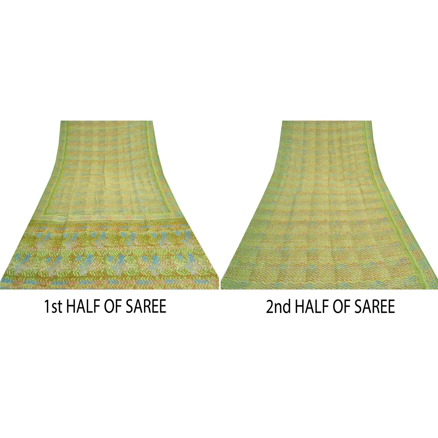 Sanskriti Vintage Green Indian Sarees Pure Crepe Silk Printed Sari Craft Sustainable Fabric