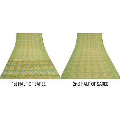 Sanskriti Vintage Green Indian Sarees Pure Crepe Silk Printed Sari Craft Sustainable Fabric