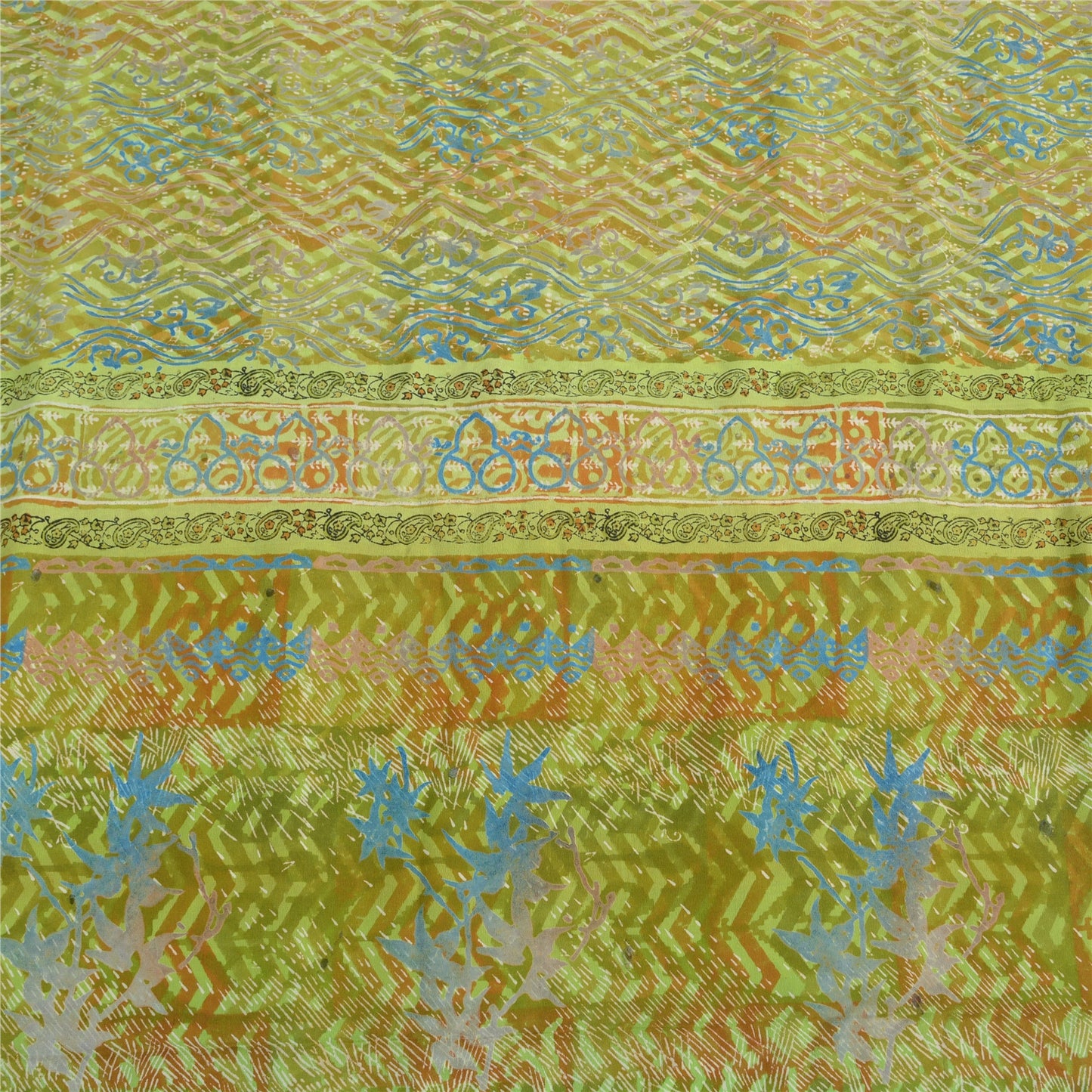 Sanskriti Vintage Green Indian Sarees Pure Crepe Silk Printed Sari Craft Sustainable Fabric