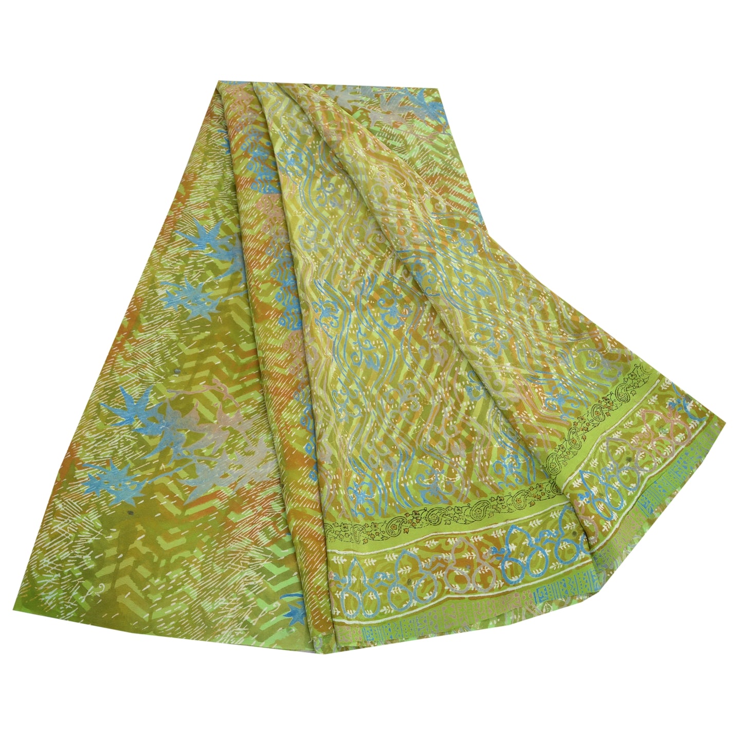 Sanskriti Vintage Green Indian Sarees Pure Crepe Silk Printed Sari Craft Sustainable Fabric