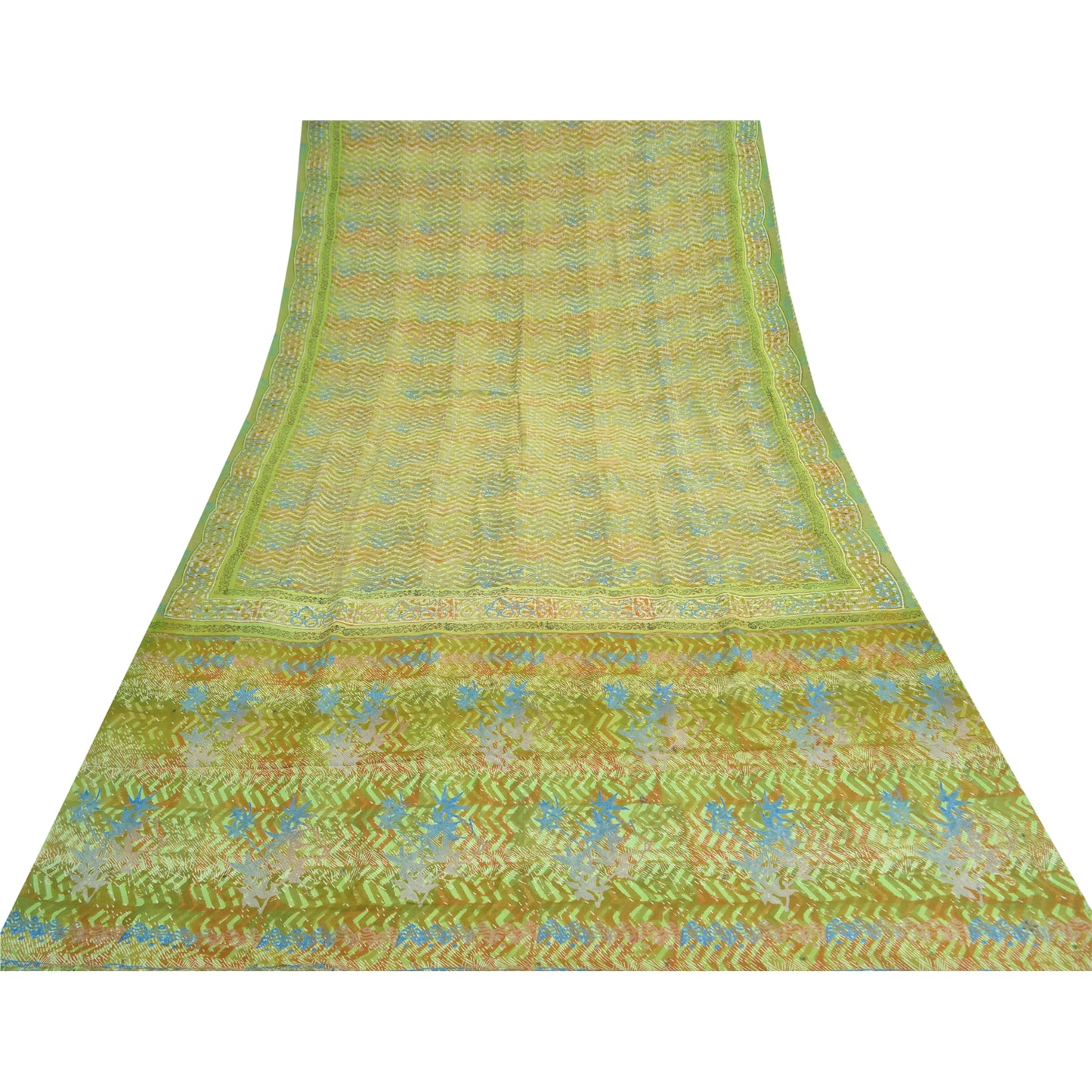 Sanskriti Vintage Green Indian Sarees Pure Crepe Silk Printed Sari Craft Sustainable Fabric