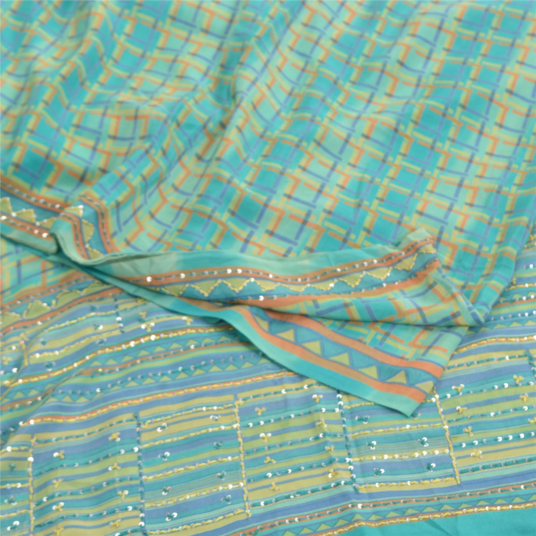 Sanskriti Vintage Sky Blue Sarees 100% Pure Crepe Silk Printed Sari Craft Fabric