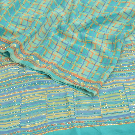Sanskriti Vintage Sky Blue Sarees 100% Pure Crepe Silk Printed Sari Craft Sustainable Fabric