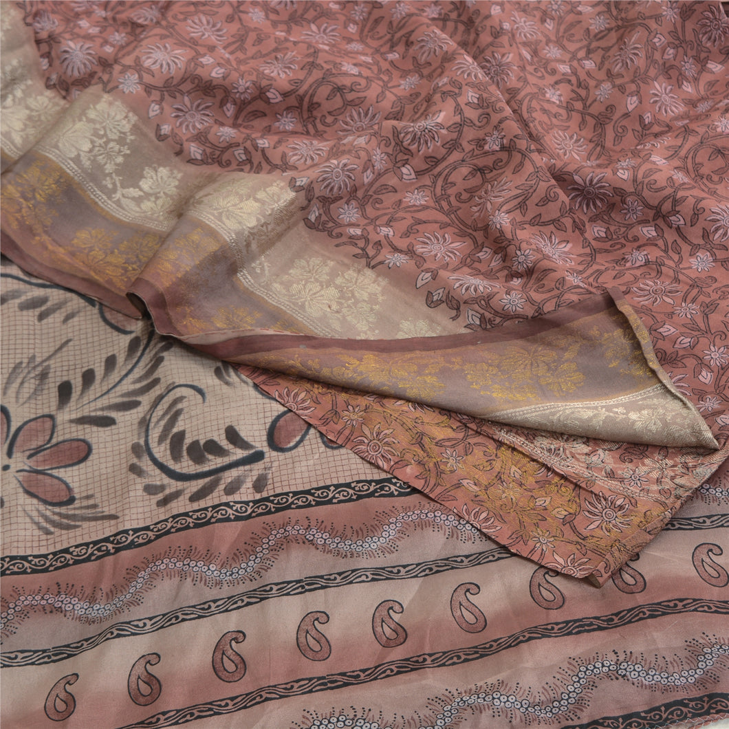 Sanskriti Vintage Sarees Dusty Pink Pure Crepe Silk Printed Sari Craft Fabric