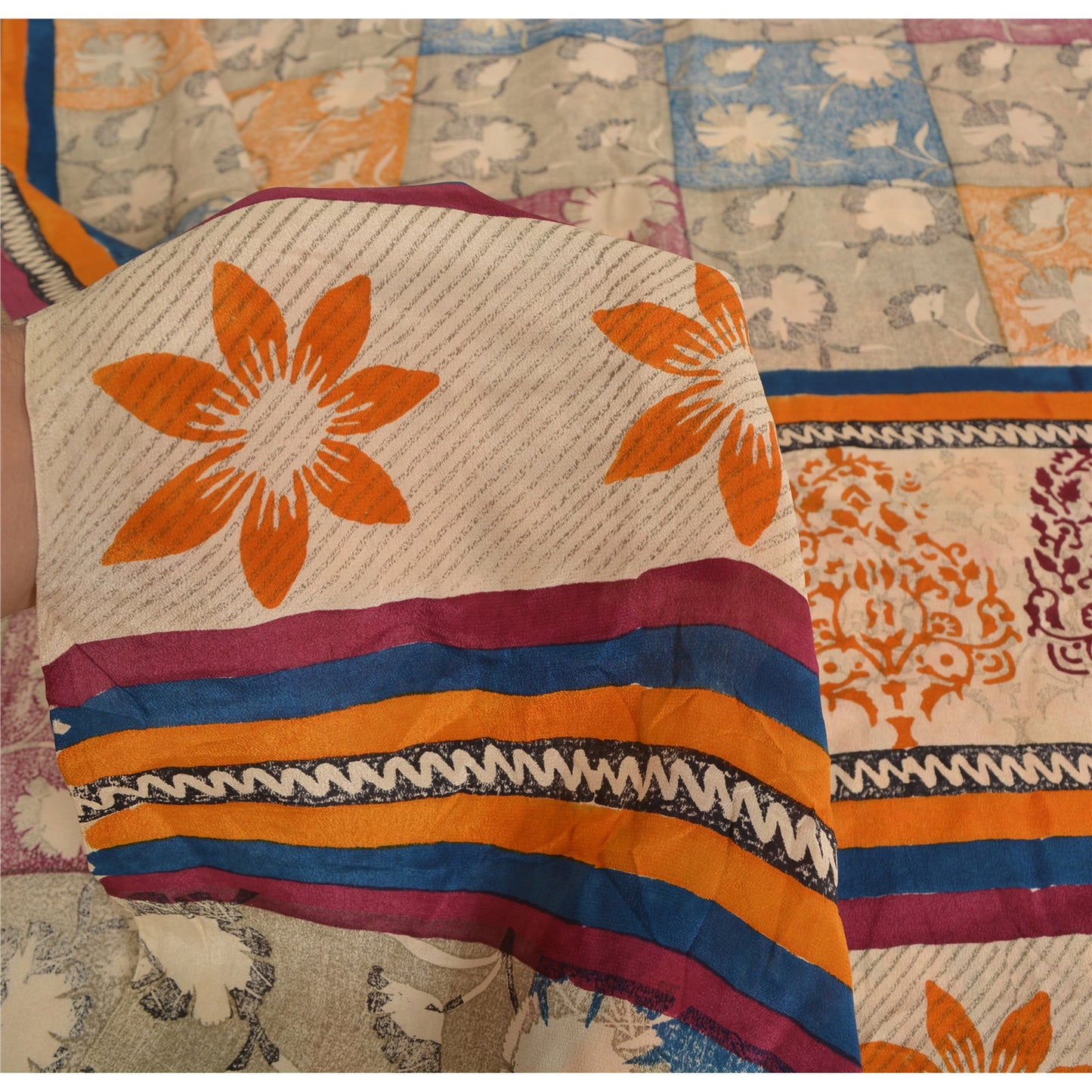 Sanskriti Vintage Sarees Indian Multi Pure Crepe Silk Printed Sari Craft Sustainable Fabric