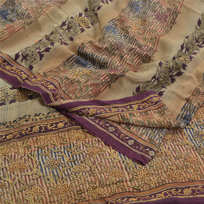Sanskriti Vintage Sarees Multi Hand Beaded Printed Pure Crepe Sari Craft Sustainable Fabric