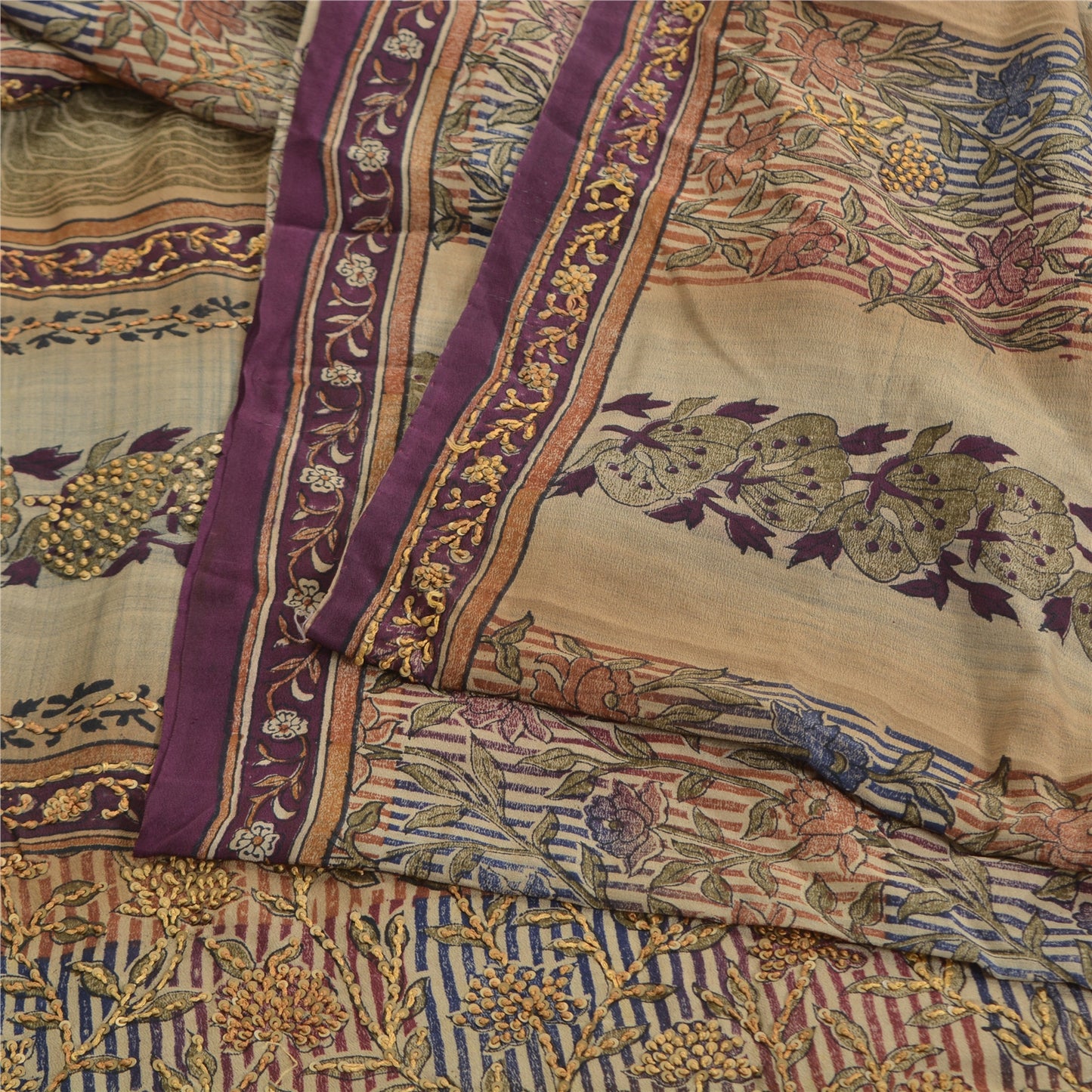 Sanskriti Vintage Sarees Multi Hand Beaded Printed Pure Crepe Sari Craft Sustainable Fabric