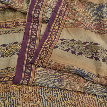 Sanskriti Vintage Sarees Multi Hand Beaded Printed Pure Crepe Sari Craft Sustainable Fabric