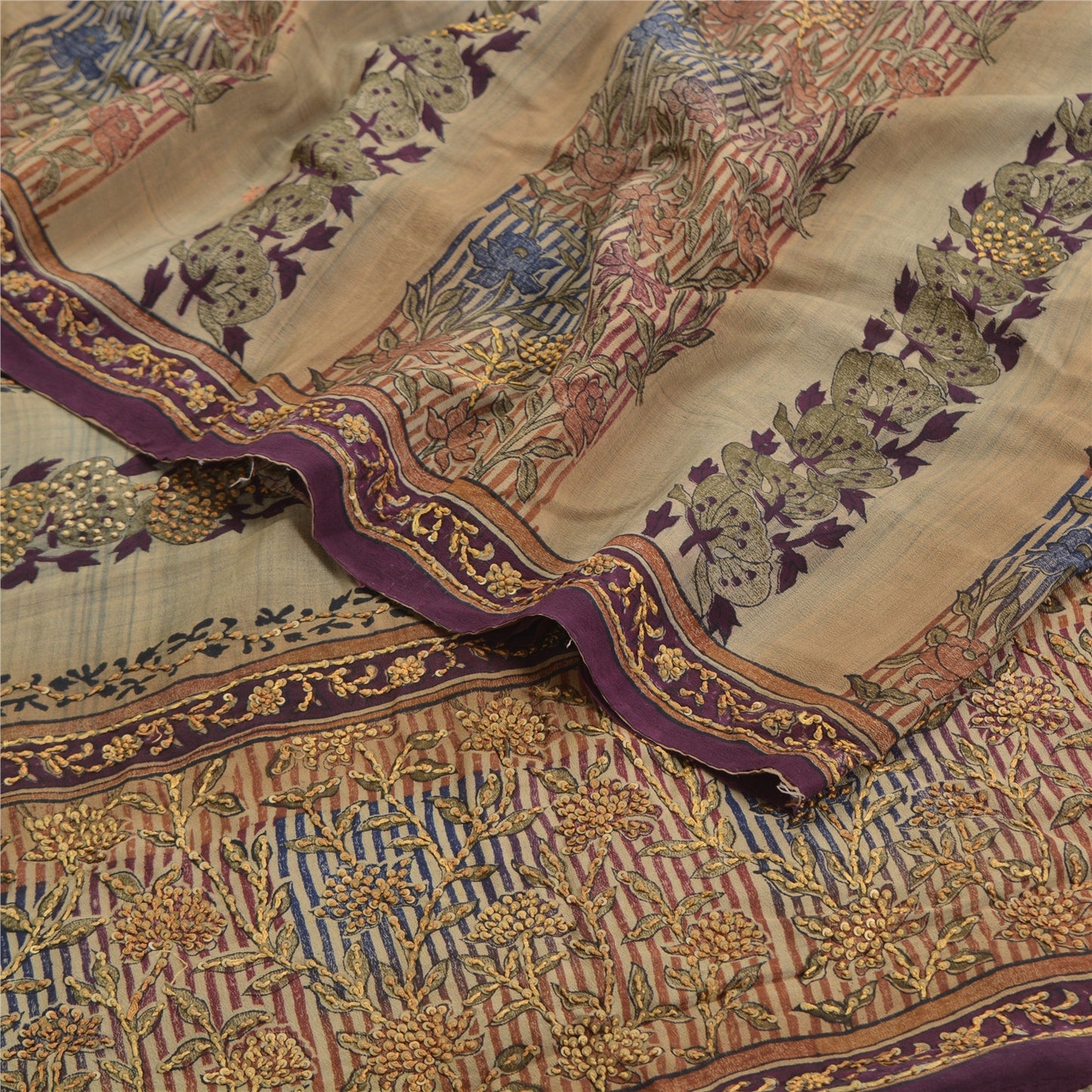 Sanskriti Vintage Sarees Multi Hand Beaded Printed Pure Crepe Sari Craft Sustainable Fabric