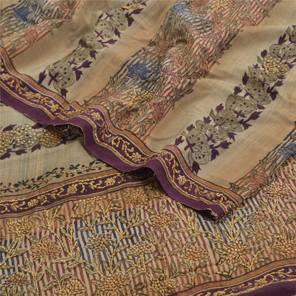 Sanskriti Vintage Sarees Multi Hand Beaded Printed Pure Crepe Sari Craft Sustainable Fabric