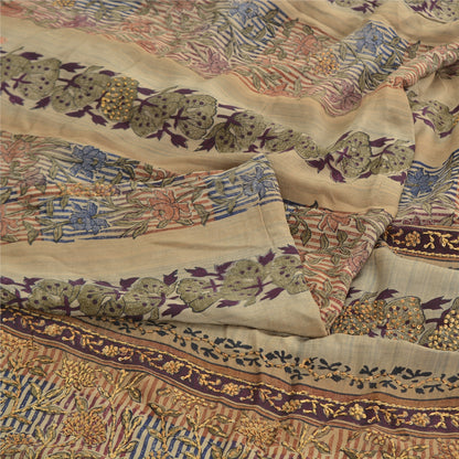 Sanskriti Vintage Sarees Multi Hand Beaded Printed Pure Crepe Sari Craft Sustainable Fabric