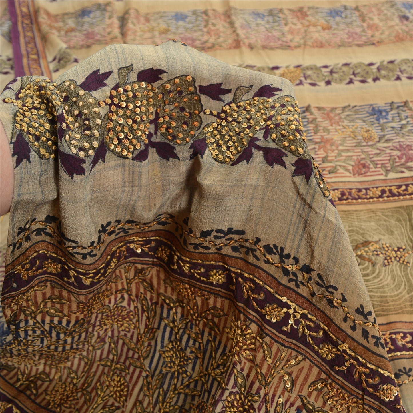 Sanskriti Vintage Sarees Multi Hand Beaded Printed Pure Crepe Sari Craft Sustainable Fabric