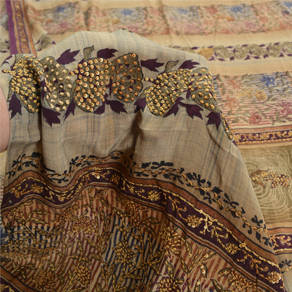 Sanskriti Vintage Sarees Multi Hand Beaded Printed Pure Crepe Sari Craft Sustainable Fabric