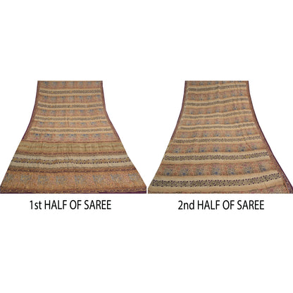 Sanskriti Vintage Sarees Multi Hand Beaded Printed Pure Crepe Sari Craft Sustainable Fabric