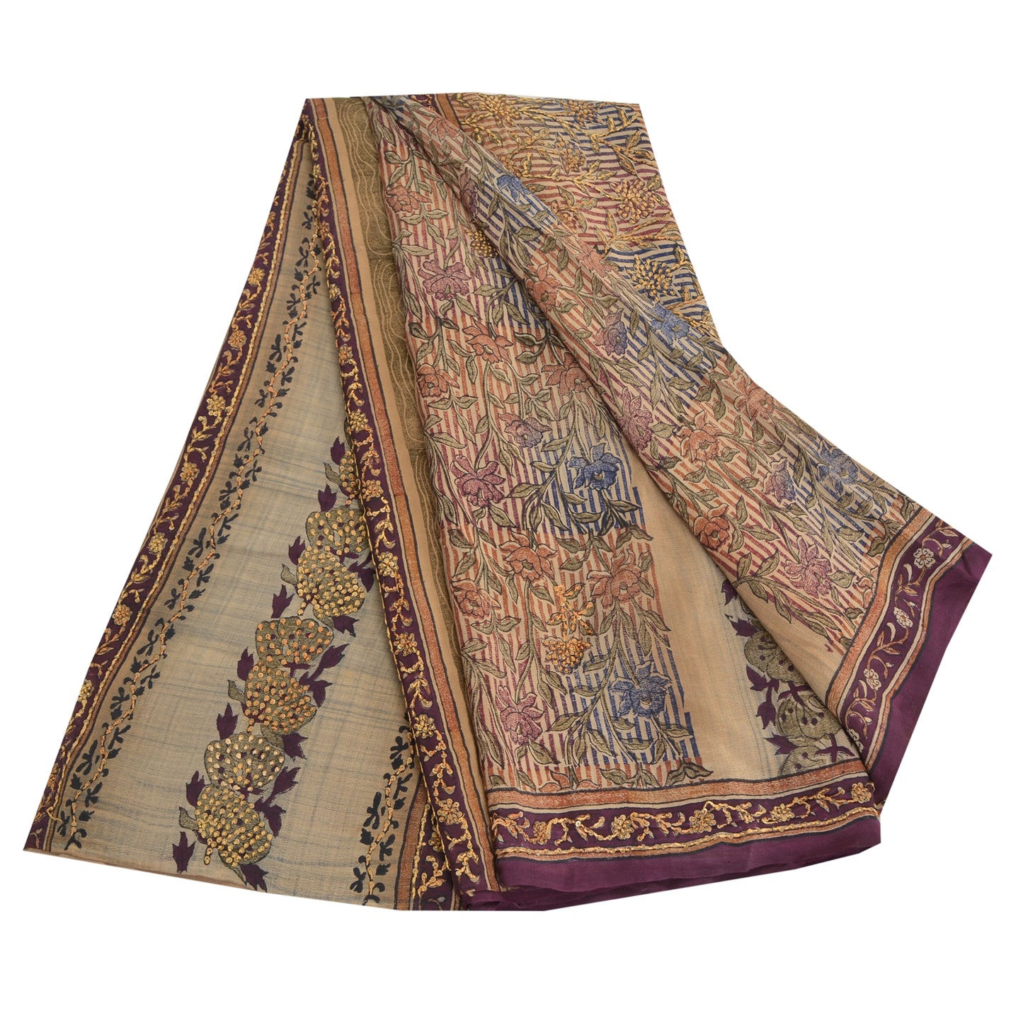 Sanskriti Vintage Sarees Multi Hand Beaded Printed Pure Crepe Sari Craft Sustainable Fabric