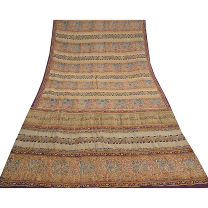 Sanskriti Vintage Sarees Multi Hand Beaded Printed Pure Crepe Sari Craft Sustainable Fabric