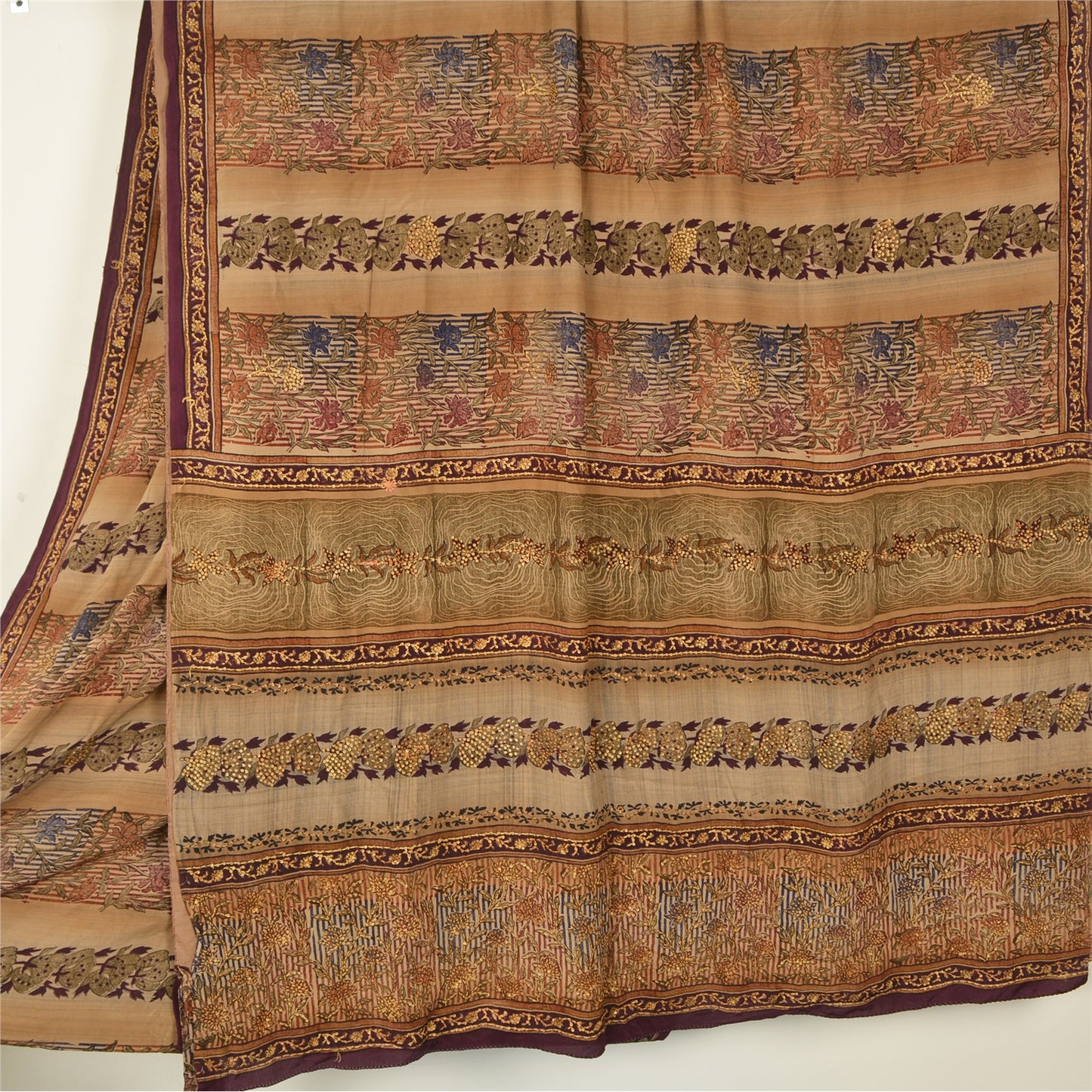 Sanskriti Vintage Sarees Multi Hand Beaded Printed Pure Crepe Sari Craft Sustainable Fabric